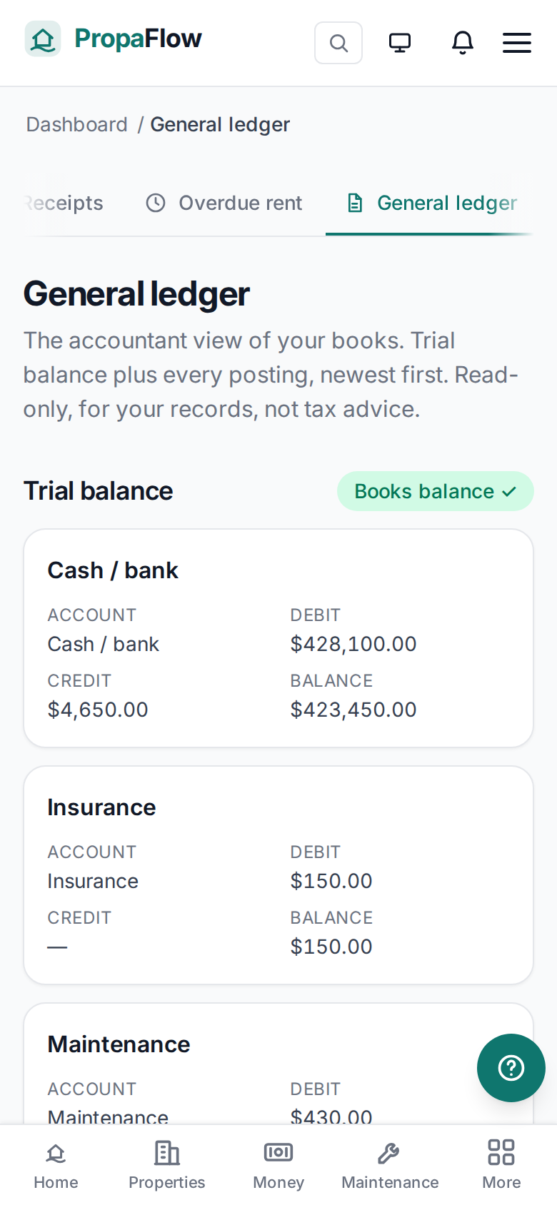 Wealtharu general ledger and trial balance showing balanced double-entry transactions across cash, rent, and expense accounts.