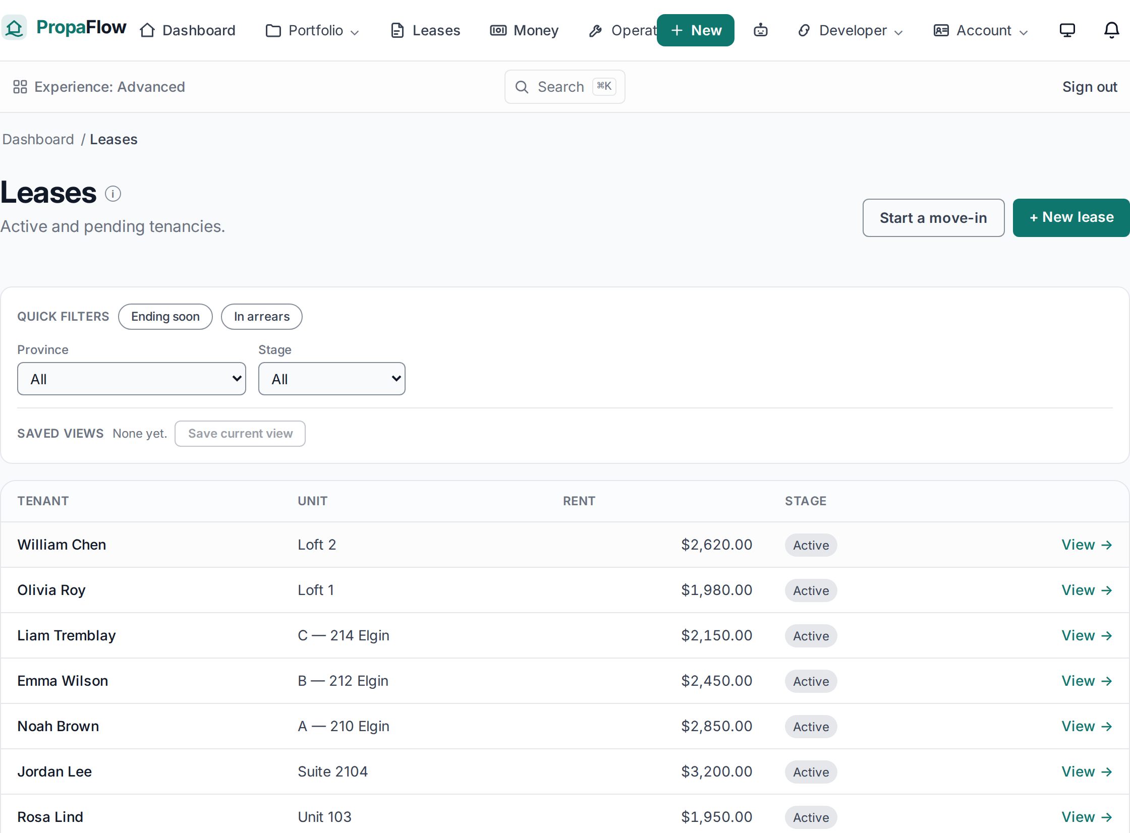 Wealtharu leases list showing tenants, units, monthly rent, and active lease stages.