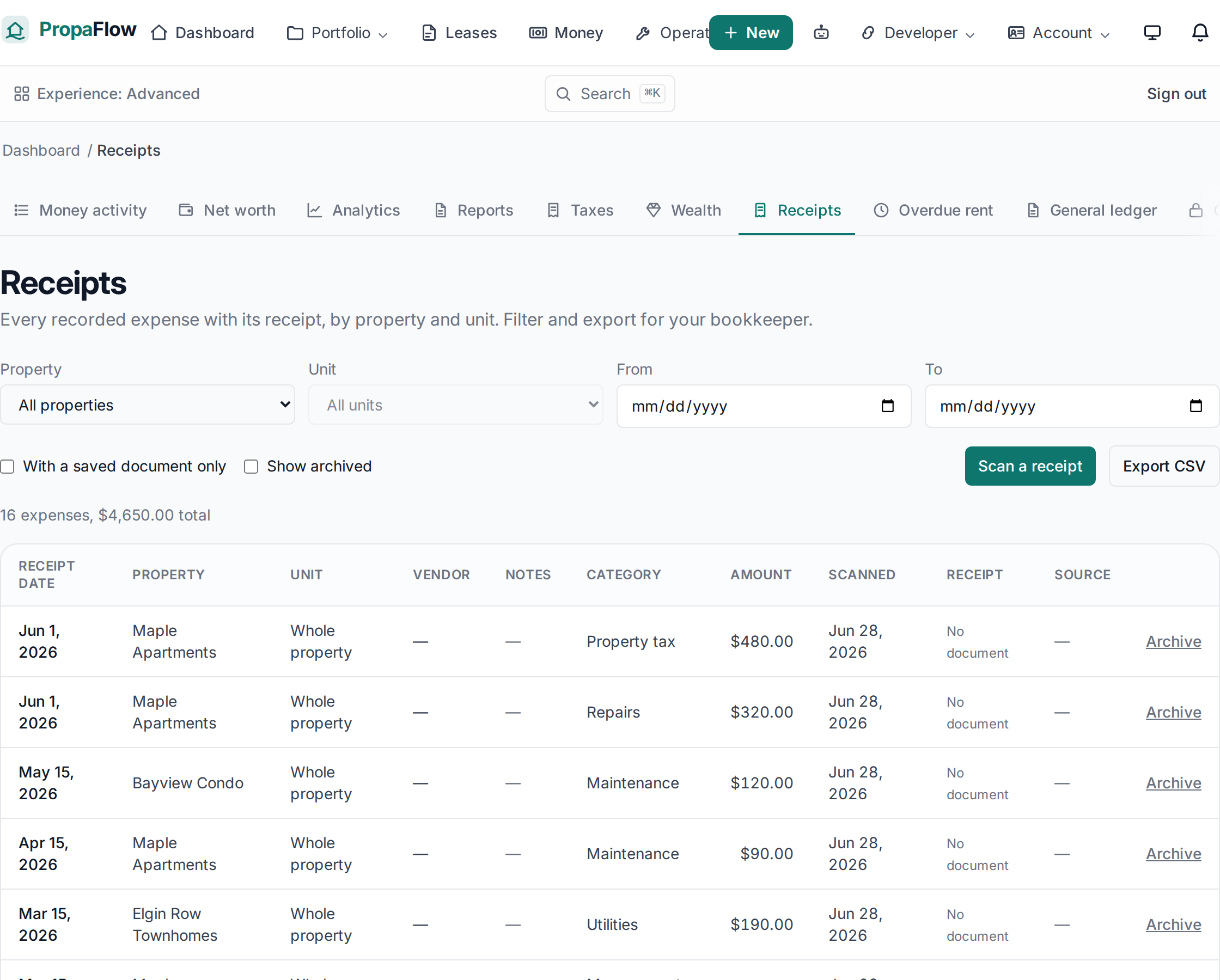 Wealtharu receipts ledger listing every recorded expense with its property, vendor, amount, and a link to the original document.